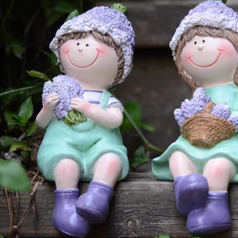 Balcony Cute Garden Doll Ornament Courtyard Home Cartoon Countryside Style Boy and Girl Resin Decorations Desktop
