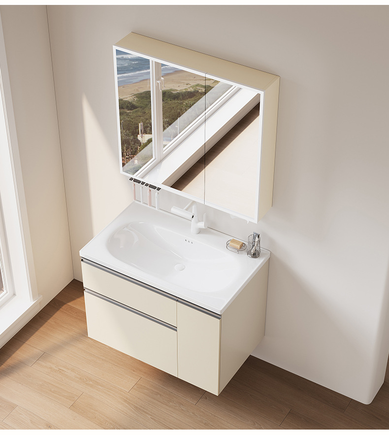 Xiaohongshu's same cream washbasin basket space aluminum bathroom cabinet ceramic washbasin integrated combination multifunctional