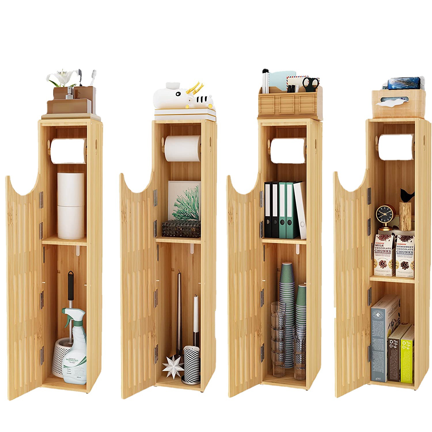 Small bamboo and wood bathroom cabinet next to toilet, standing cabinet for toilet paper, solid wood storage and storage cabinet, narrow solid wood cabinet