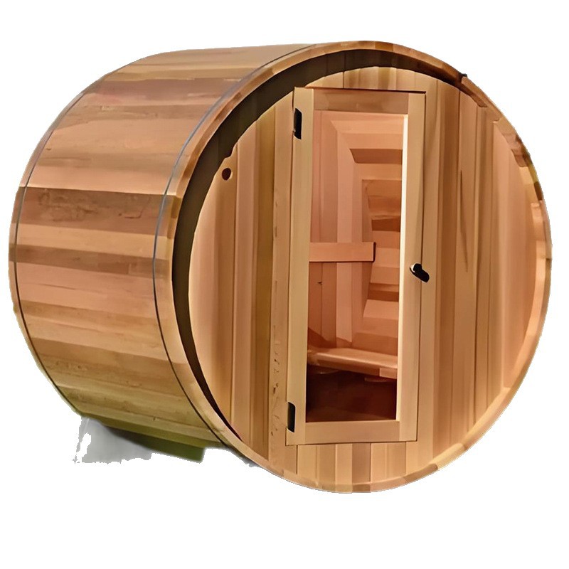 Factory supplied non-standard solid wood hemlock cylindrical sauna room with tiles and movable outdoor sweat steam room traditional