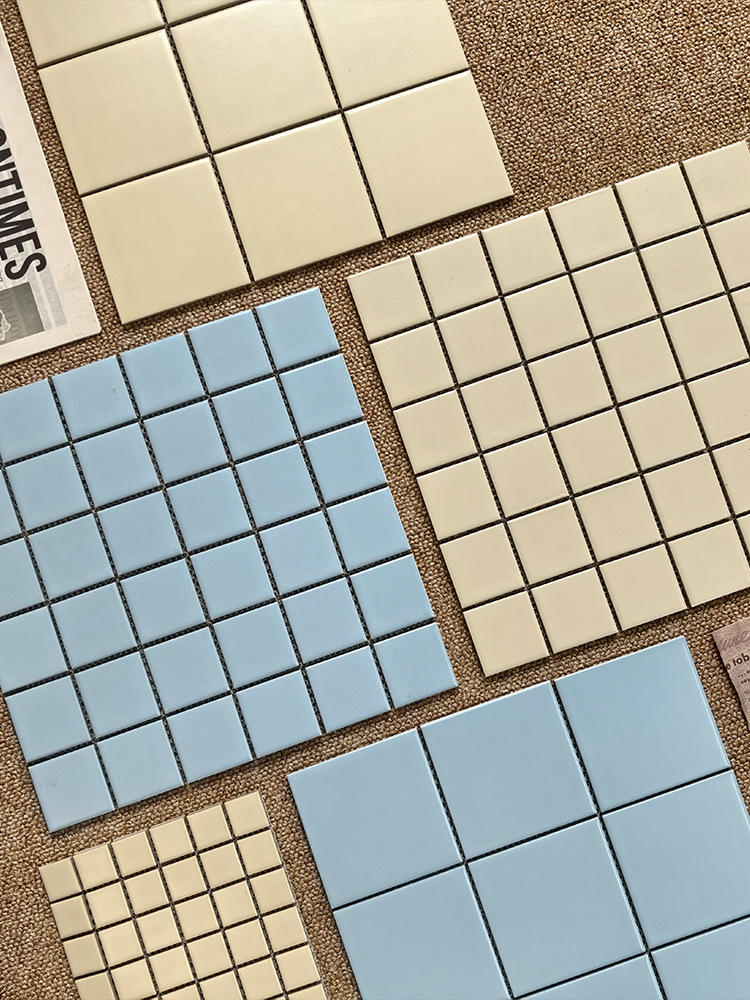Sky blue checkered mosaic tiles, Japanese style bathroom, kitchen, bathroom wall tiles, creamy beige square tiles