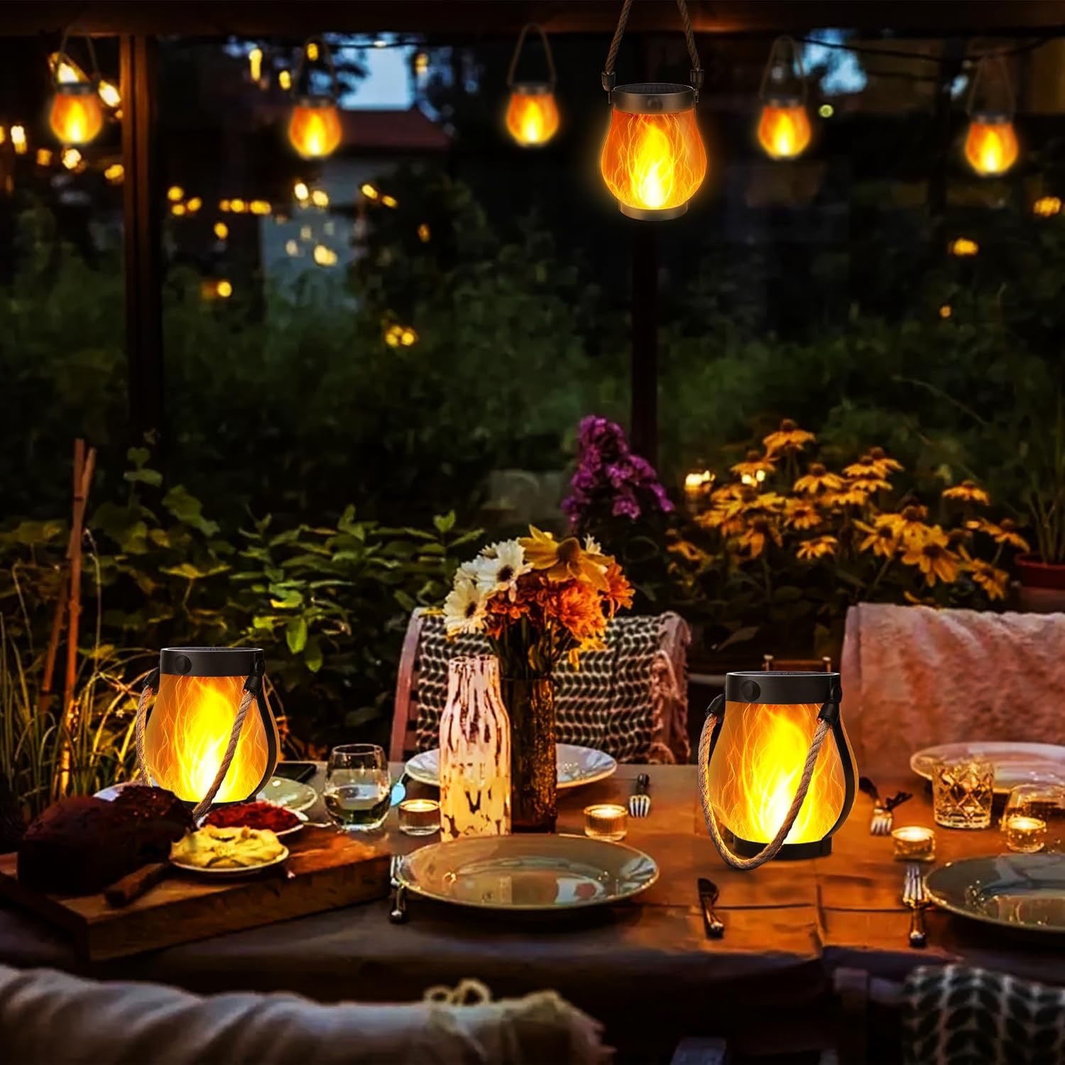 Cross border solar flame lamp hemp rope lantern courtyard garden decoration Mason lamp solar USB courtyard lamp