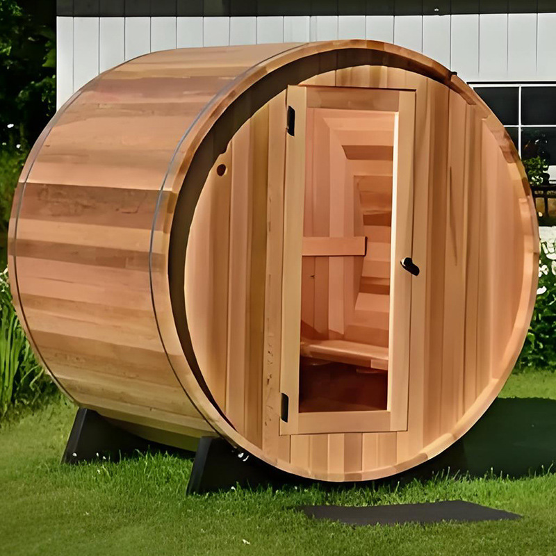 Factory supplied non-standard solid wood hemlock cylindrical sauna room with tiles and movable outdoor sweat steam room traditional