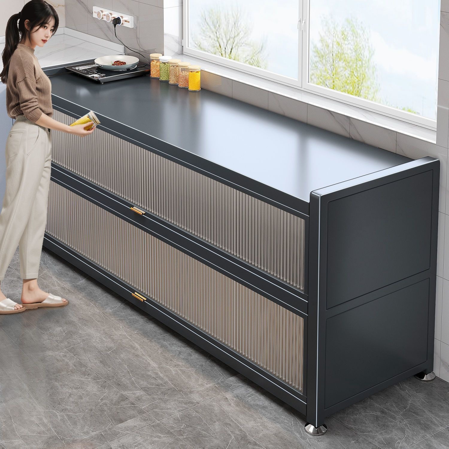 Kitchen shelf, floor to ceiling dining edge, vegetable cutting, rock board workbench, integrated with wall, multi-layer functional storage cabinet