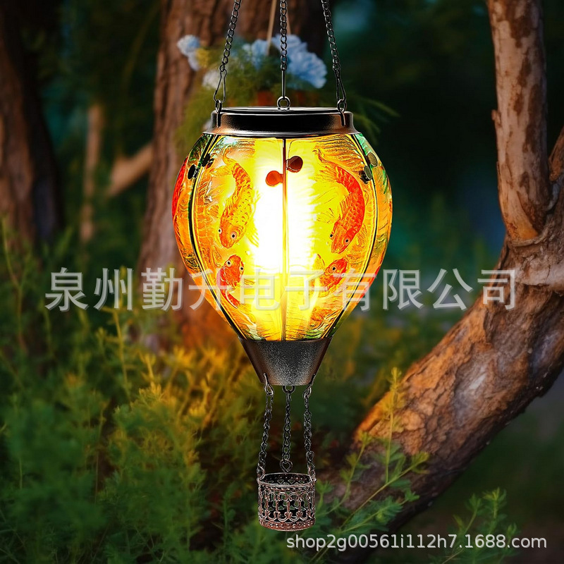 新款太阳能热气球灯水滴灯户外铁艺玻璃吊灯跨境花园装饰灯庭院灯