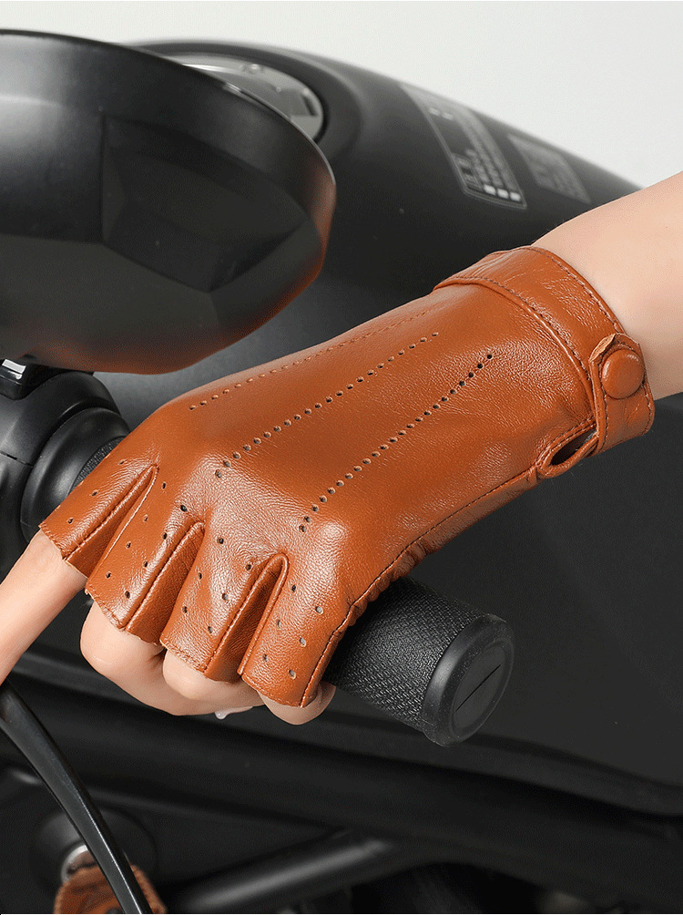 Real leather half finger gloves for women in spring and autumn, thin, breathable, perforated, cycling, motorcycle, road bike, top layer sheepskin