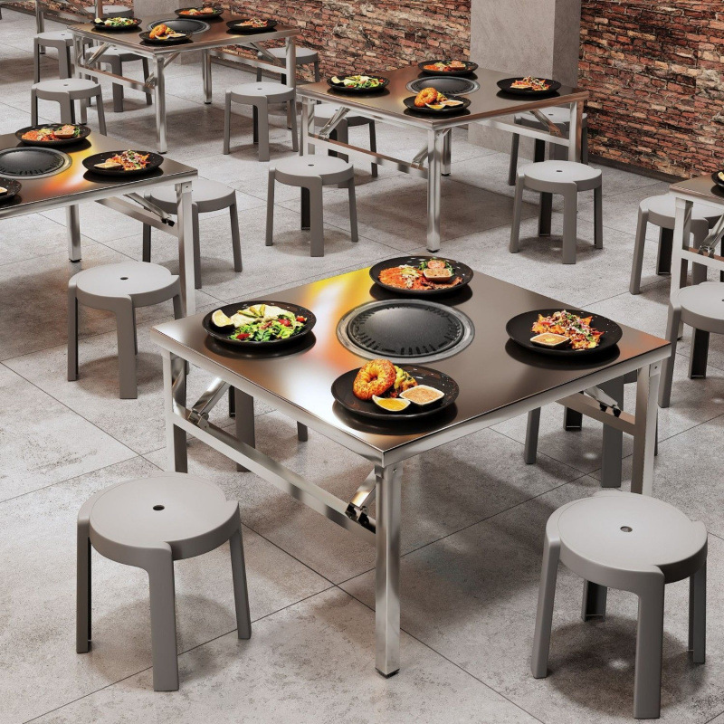 Stainless steel integrated hot pot table, induction cooker, barbecue Korean style stove, restaurant foldable storage square table, folding table