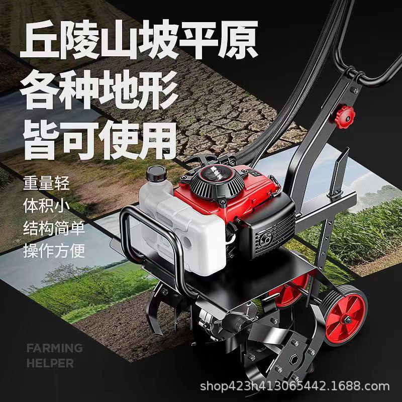 Gasoline micro tiller, agricultural machinery, rotary tiller, plowing, turning soil, loosening soil, digging soil, farming, trenching, small household use