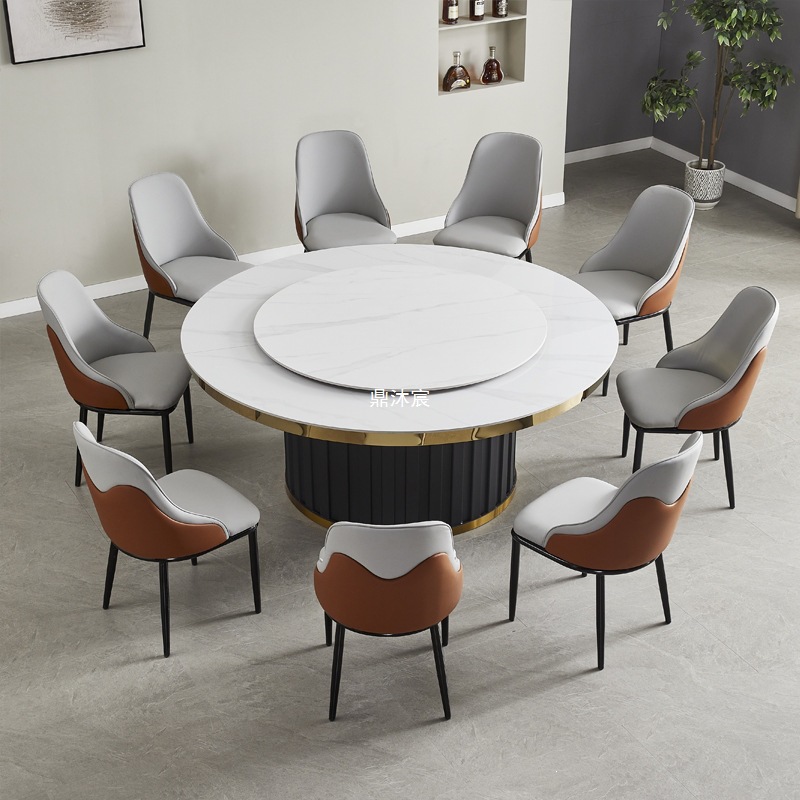 Factory direct sales hotel electric dining table large round table light luxury rock board restaurant hotpot table with induction cooker table for 20 people