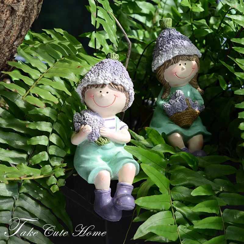 Balcony Cute Garden Doll Ornament Courtyard Home Cartoon Countryside Style Boy and Girl Resin Decorations Desktop