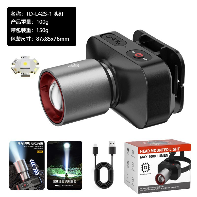 Cross border outdoor zoom induction strong bald head light, long endurance lithium battery head mounted explosive dual light source fishing light, mining light