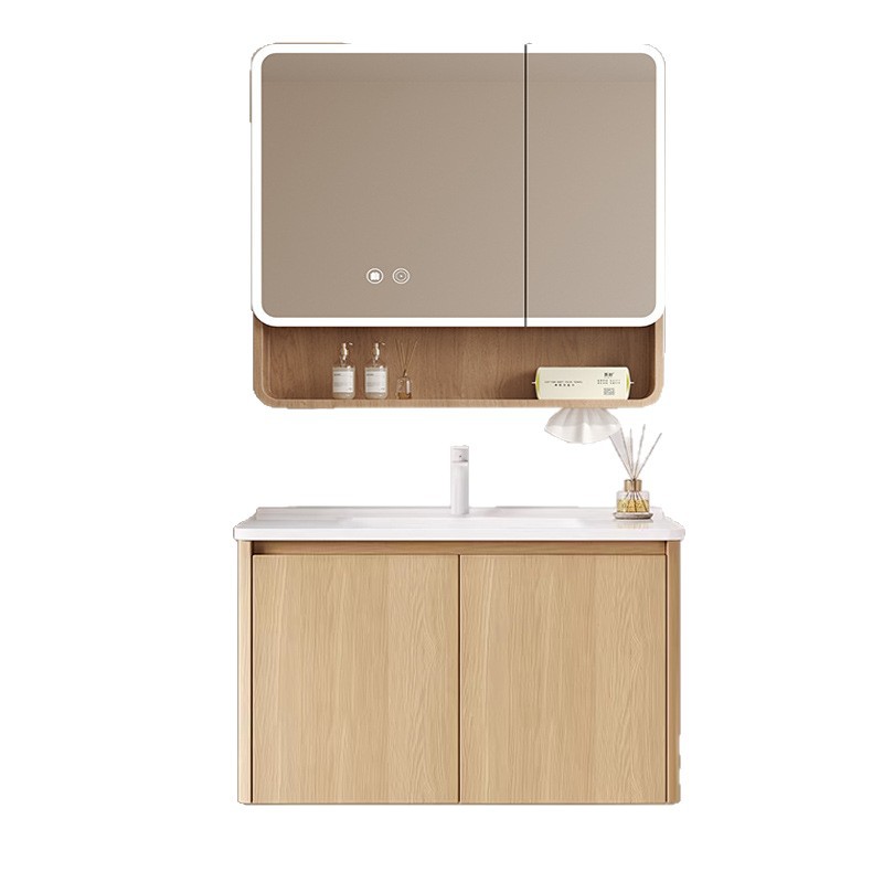 Wood colored honeycomb aluminum bathroom cabinet, mirror cabinet, combination of circular arc angle ceramic integrated basin, washbasin, sink, and wash basin