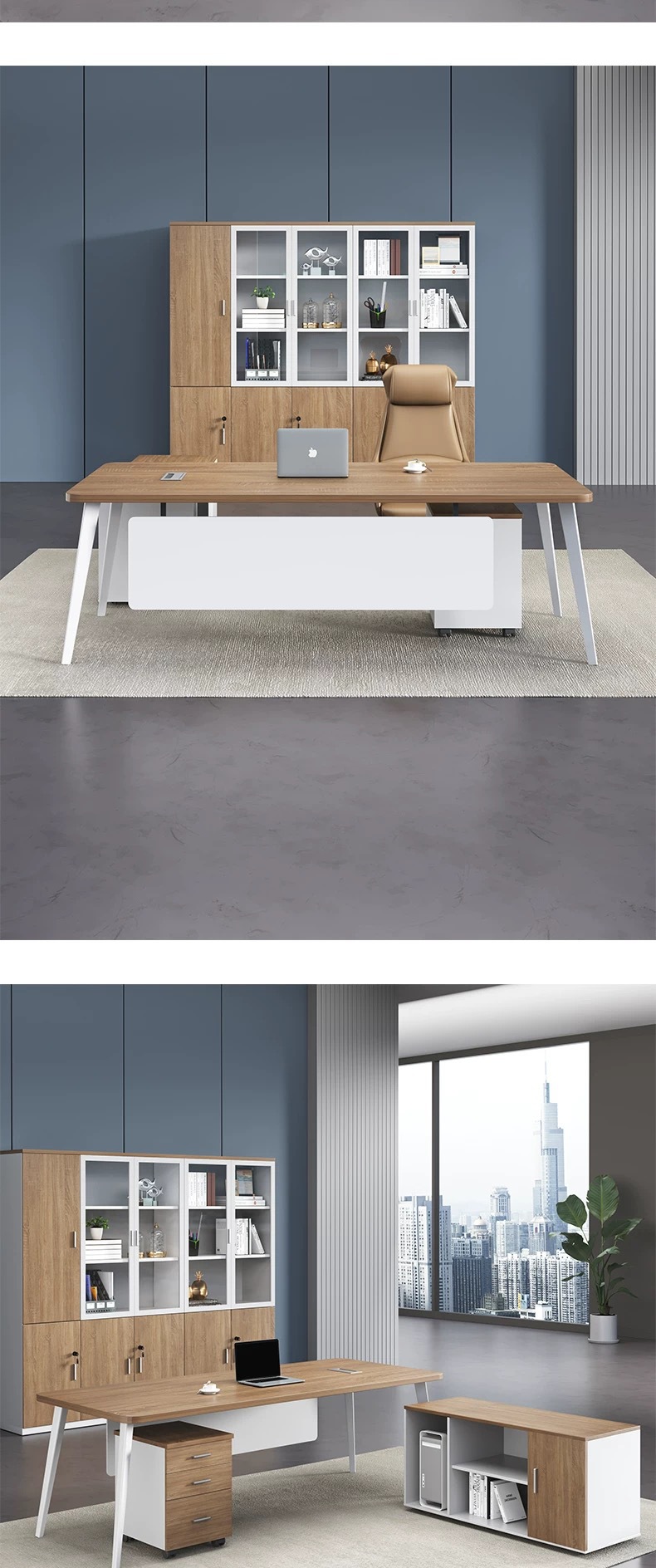 Modern minimalist home study, office desk, boss's office, large shift desk, manager's combination office space