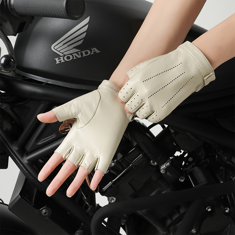 Real leather half finger gloves for women in spring and autumn, thin, breathable, perforated, cycling, motorcycle, road bike, top layer sheepskin