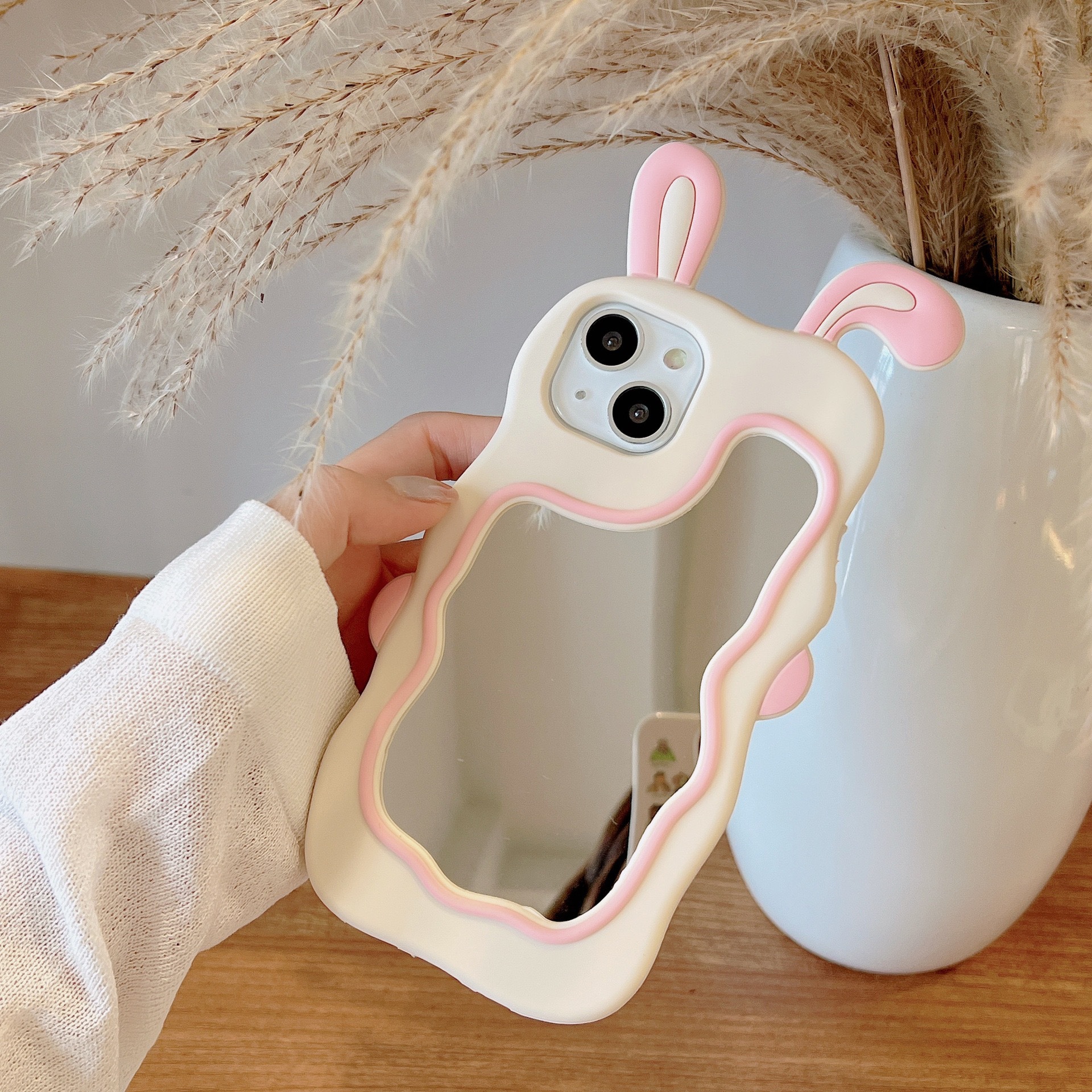 Cute Pink Rabbit Ear Makeup Mirror Suitable for iPhone 15 Promax Apple 13/12/11 Phone Case XR Silicone