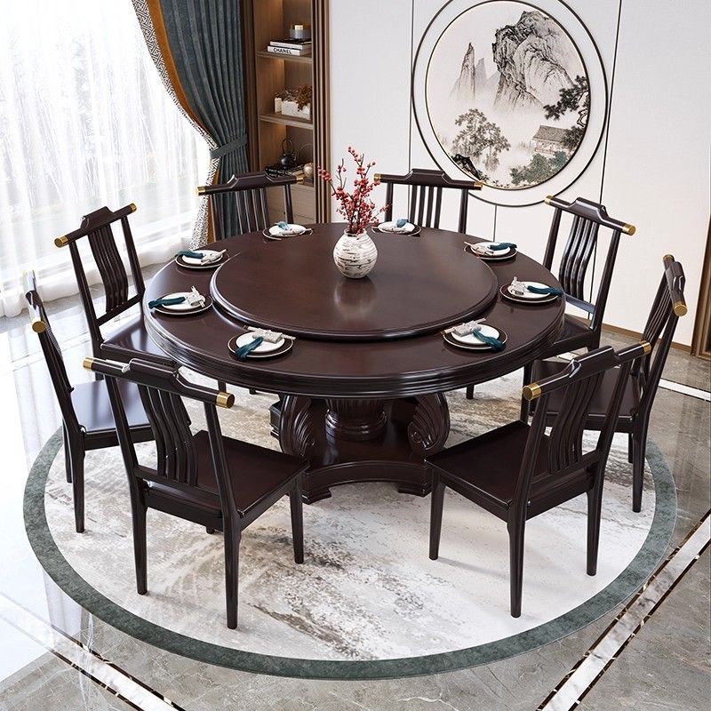 新中式实木餐桌椅圆形餐桌家用吃饭桌圆桌带转盘饭店电磁炉大圆桌