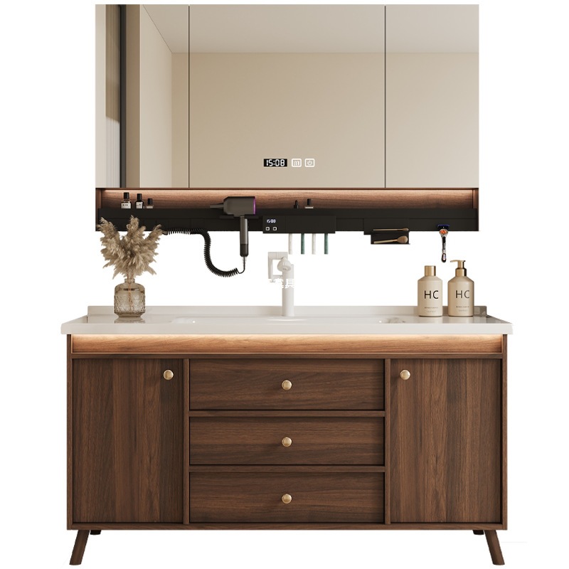 New Chinese style walnut bathroom cabinet combined with ceramic integrated basin, bathroom sink, hand washing basin cabinet, floor standing