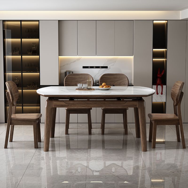 Nordic rock board solid wood dining table combination, small-sized electromagnetic stove, retractable folding, modern and simple household dining table