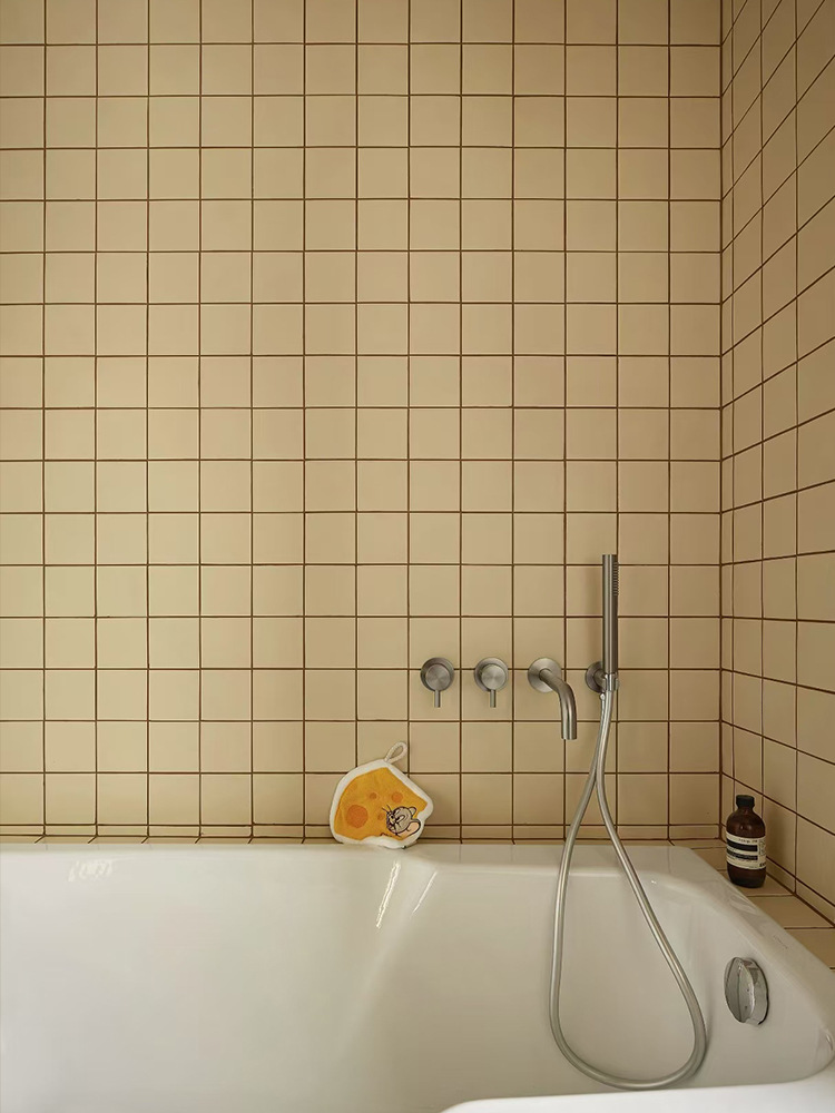 Sky blue checkered mosaic tiles, Japanese style bathroom, kitchen, bathroom wall tiles, creamy beige square tiles