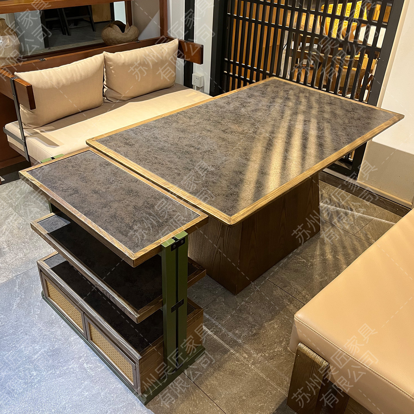 San Chushan Hot Pot Table Smoke free Induction Cooker Integrated Commercial Mountain Slow Fire Stove Stone Mountain Wild Style Chinese Restaurant Table and Chair