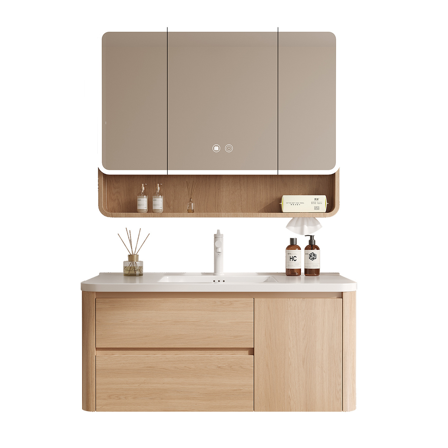 Wooden color Japanese style space aluminum honeycomb curved bathroom cabinet combined with ceramic integrated washbasin, washbasin, and washbasin