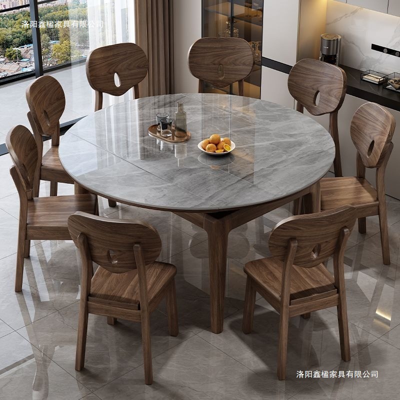 Nordic rock board solid wood dining table combination, small-sized electromagnetic stove, retractable folding, modern and simple household dining table