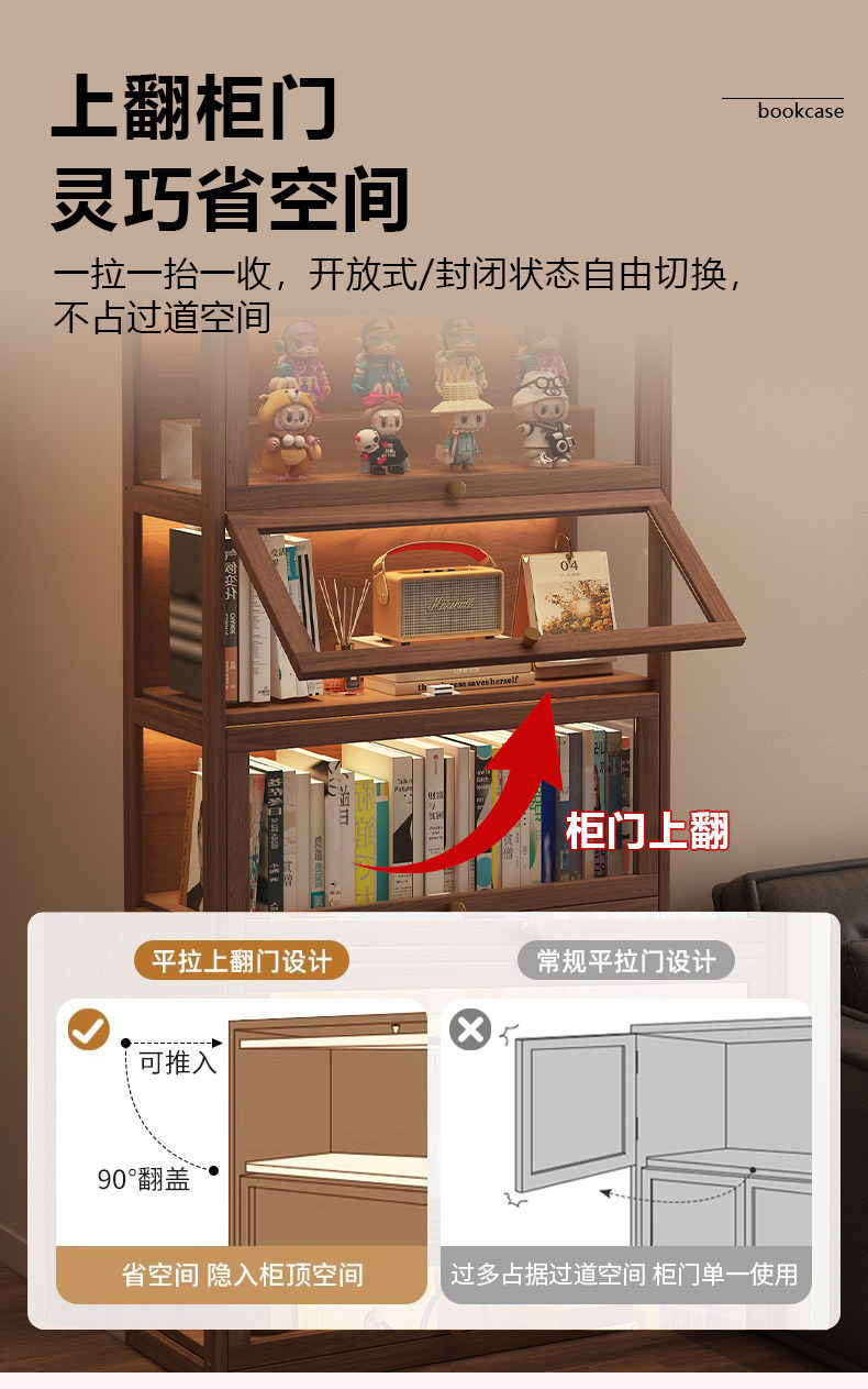 Solid wood bookshelf, floor standing shelf, bookshelf storage cabinet, integrated wall facing home use, antique shelf with door, dust-proof display cabinet