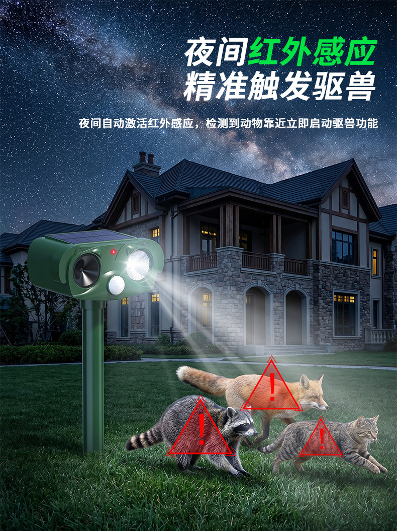 Cross border outdoor solar animal repellent, courtyard crop infrared induction, ultrasonic wave, snake and mouse animal repellent
