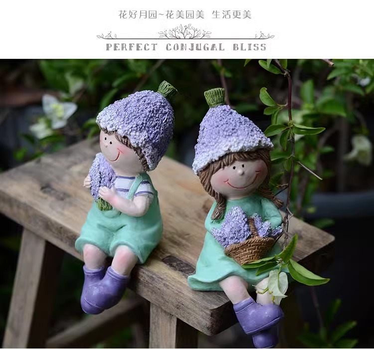 Balcony Cute Garden Doll Ornament Courtyard Home Cartoon Countryside Style Boy and Girl Resin Decorations Desktop