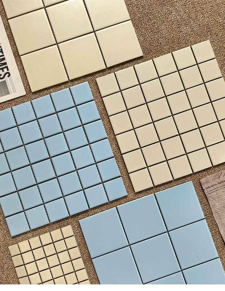 Sky blue checkered mosaic tiles, Japanese style bathroom, kitchen, bathroom wall tiles, creamy beige square tiles