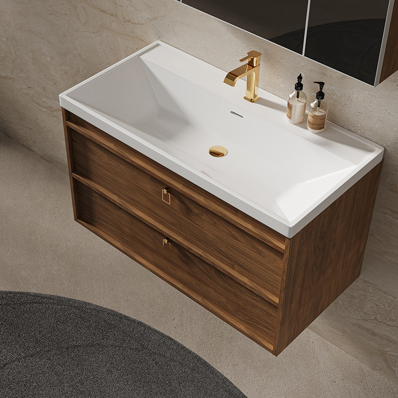 Walnut wood antique style bathroom cabinet, ceramic integrated basin, bathroom washbasin, intelligent mirror cabinet, origin factory