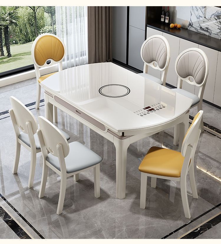 Flow crystal solid wood dining table, household induction cooker, extendable and foldable, dual-purpose, light luxury glass small household dining table