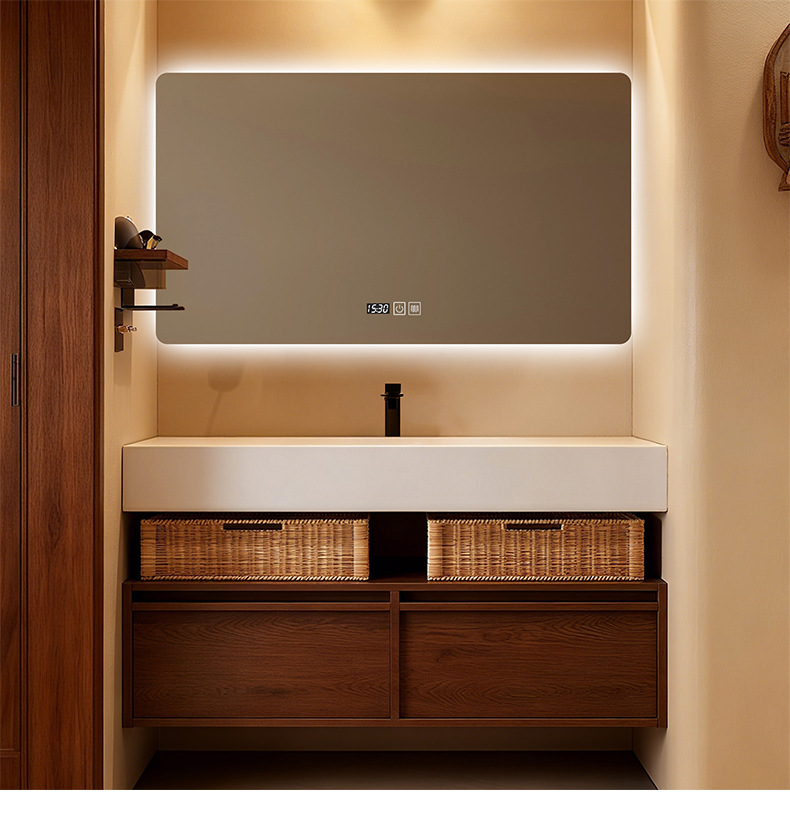 Middle ancient style rock board hot bending integrated basin hotel style bathroom cabinet Moganshan multi-layer solid wood washbasin basin cabinet combination