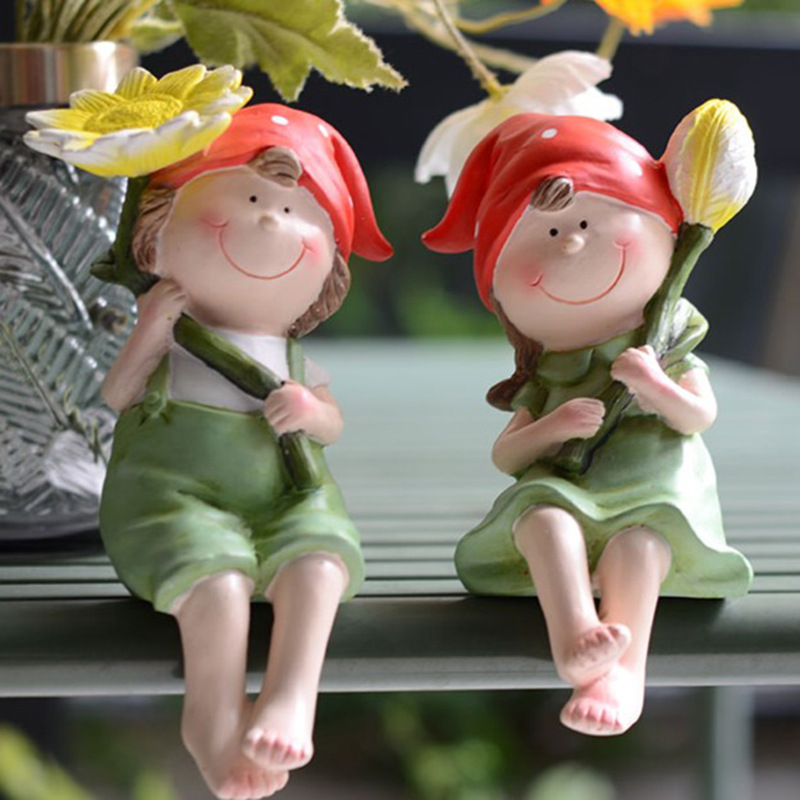Balcony Cute Garden Doll Ornament Courtyard Home Cartoon Countryside Style Boy and Girl Resin Decorations Desktop