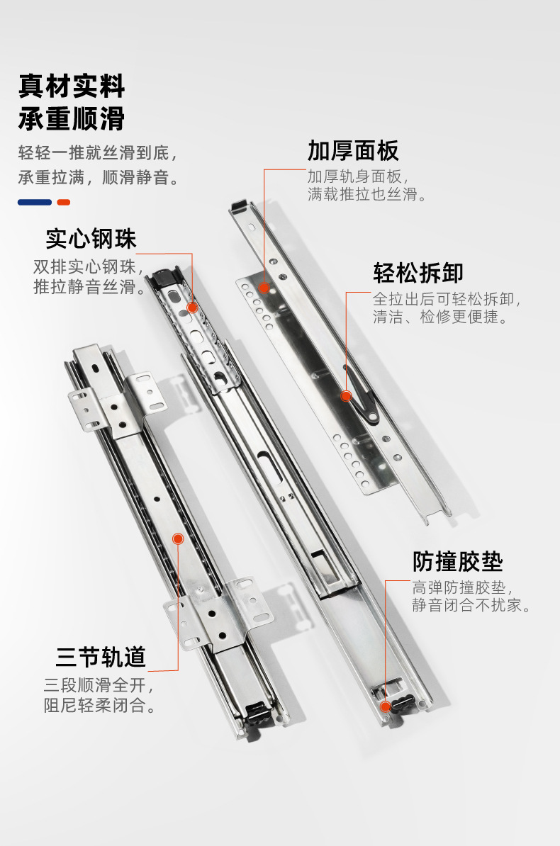 Kitchen three section basket guide rail adjustable side mounted slide rail cabinet silent track accessories bowl cabinet drawer slide rail