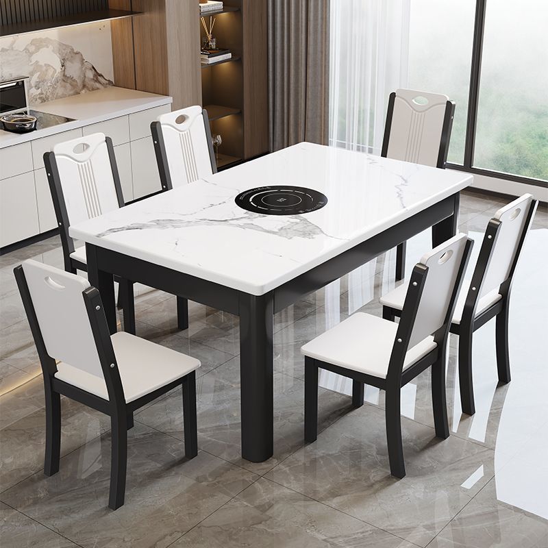Solid wood square table with induction cooker, small household rectangular dining table, marble dining table and chair combination, modern and simple