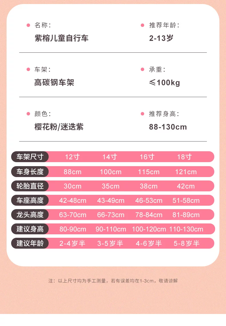 Purple Rong Girls' Bicycle Pink Carbon Steel Frame 16 inch Adjustable 3-12-year-old Children's Bicycle