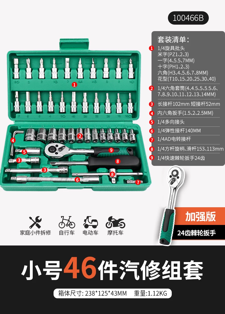 46 piece set of auto repair tools for new energy vehicle maintenance, 72 tooth ratchet wrench, professional tool S2 set