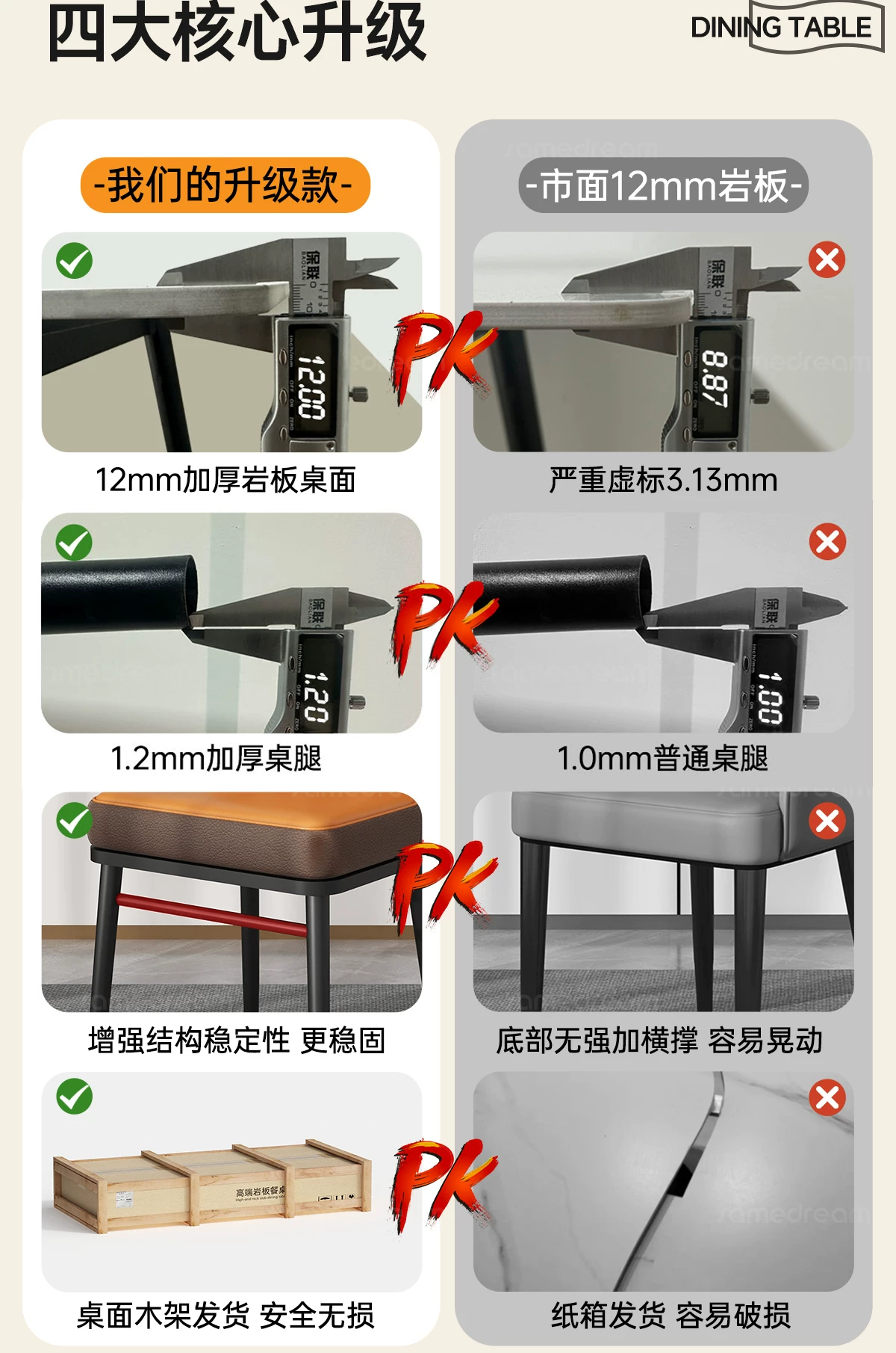 Sanmeng Home Rock Plate Dining Table 2026 New Light Luxury Small House Dining Table Rectangular Table and Chair Combination