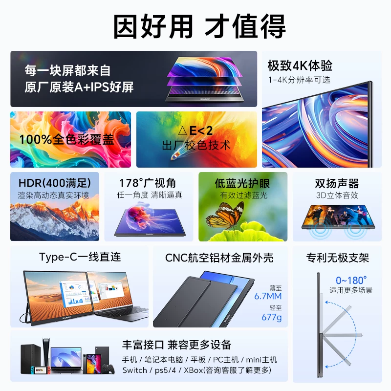Sculptor 4K portable touch screen for multi scene applications, high color gamut display suitable for Switch external wireless cable expansion