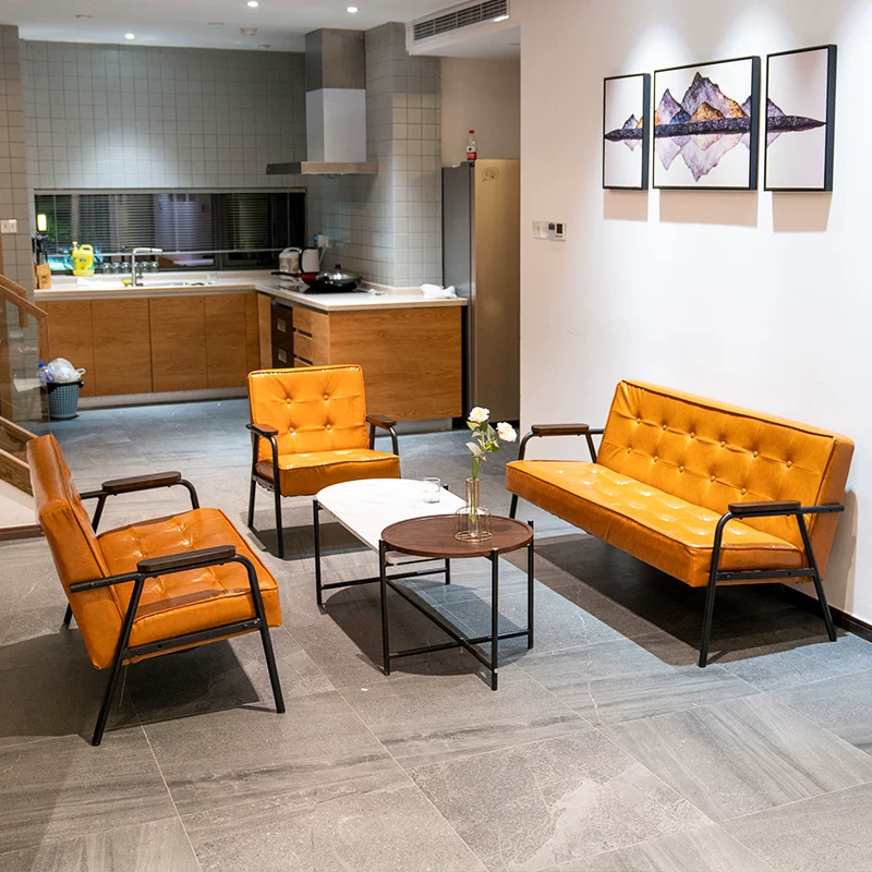 American retro oil wax leather sofa, industrial style iron sofa, L-shaped combination, small apartment, simple modern sofa