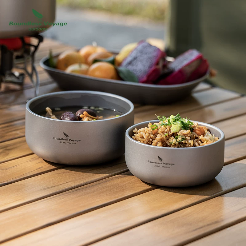 Biyi Pure Titanium Mowl Double -Layer Picnic Bowl Outdoor Barrachs Портативные открытые лагеря набор посуда набор для таблицы миска рисовая чаша для блюд чаши для салата для салата миски