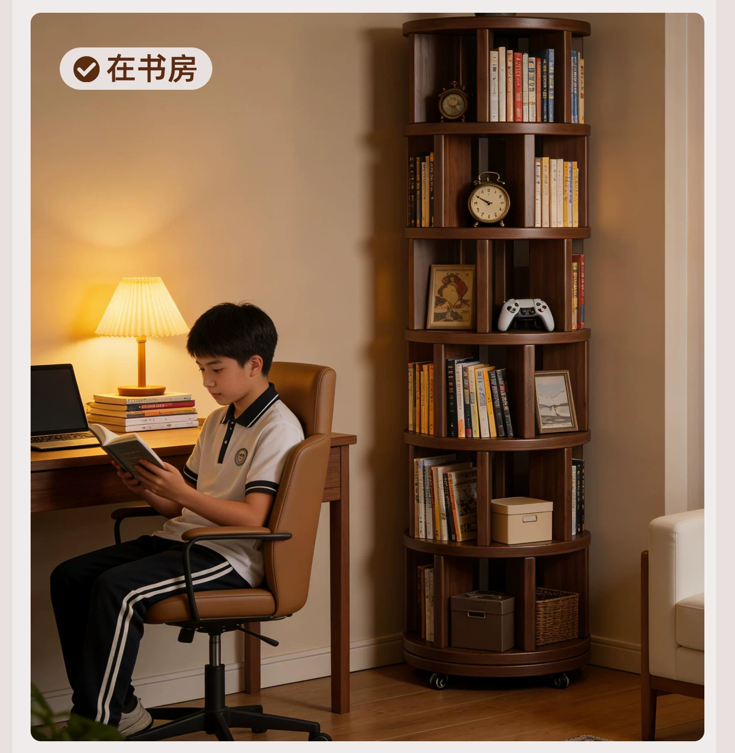 Solid wood core rotating bookshelf, 360 degree movable living room retro narrow bookshelf, floor standing storage rack, multi-layer storage cabinet