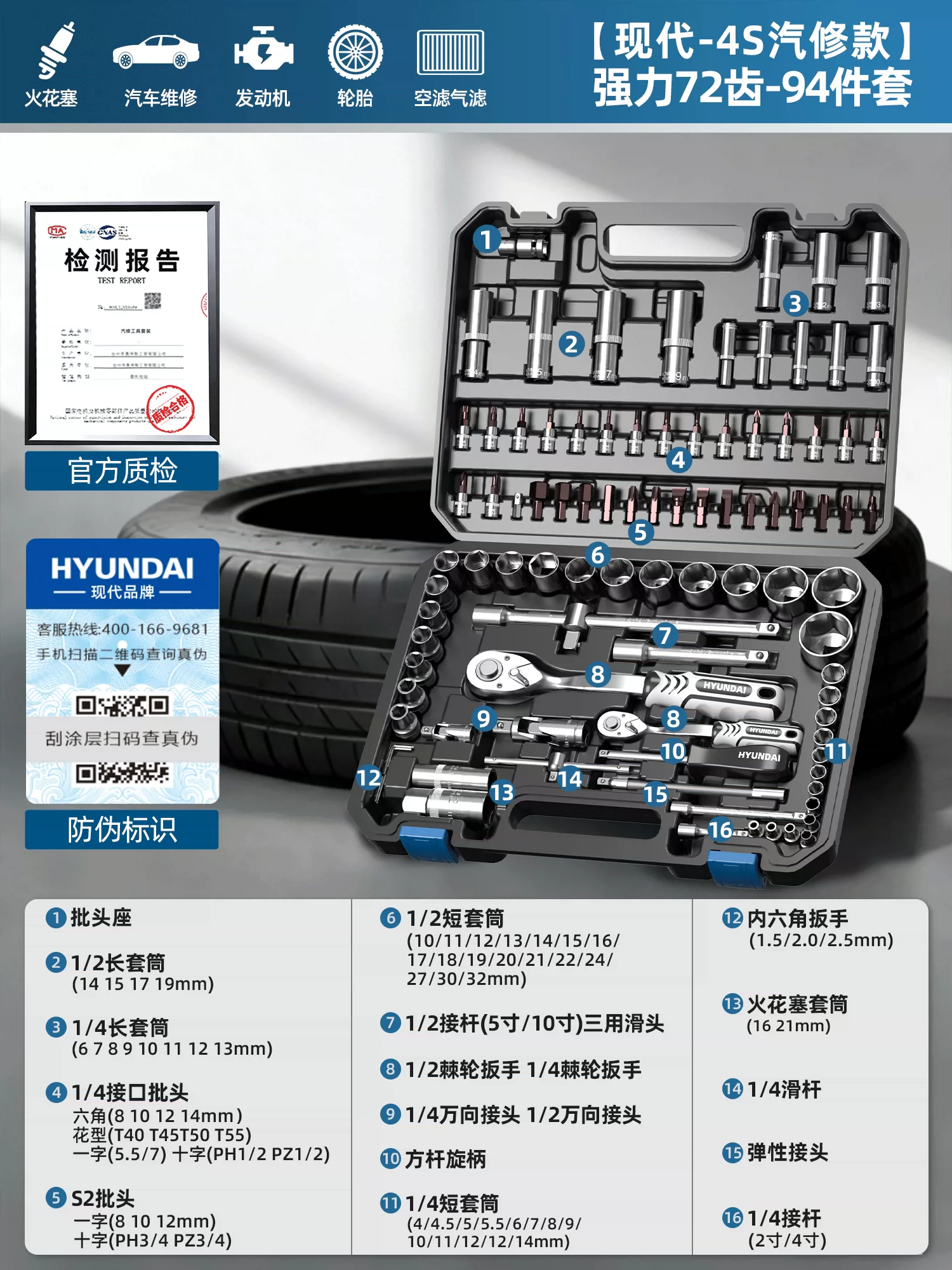 现代套筒组合套装棘轮扳手1/4吋套筒扳手中飞大飞修车汽修维修工具组合全套