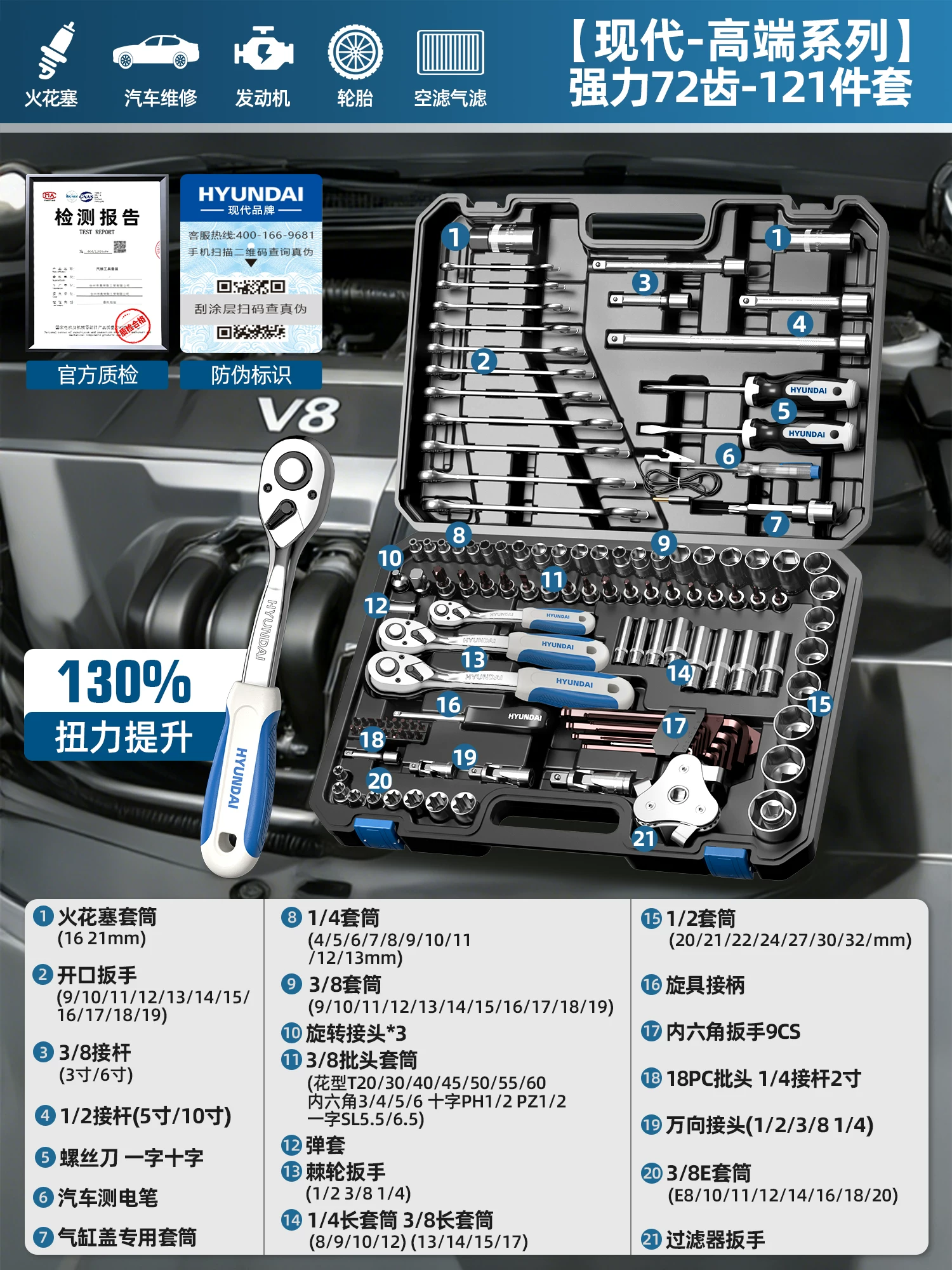 现代套筒组合套装棘轮扳手1/4吋套筒扳手中飞大飞修车汽修维修工具组合全套