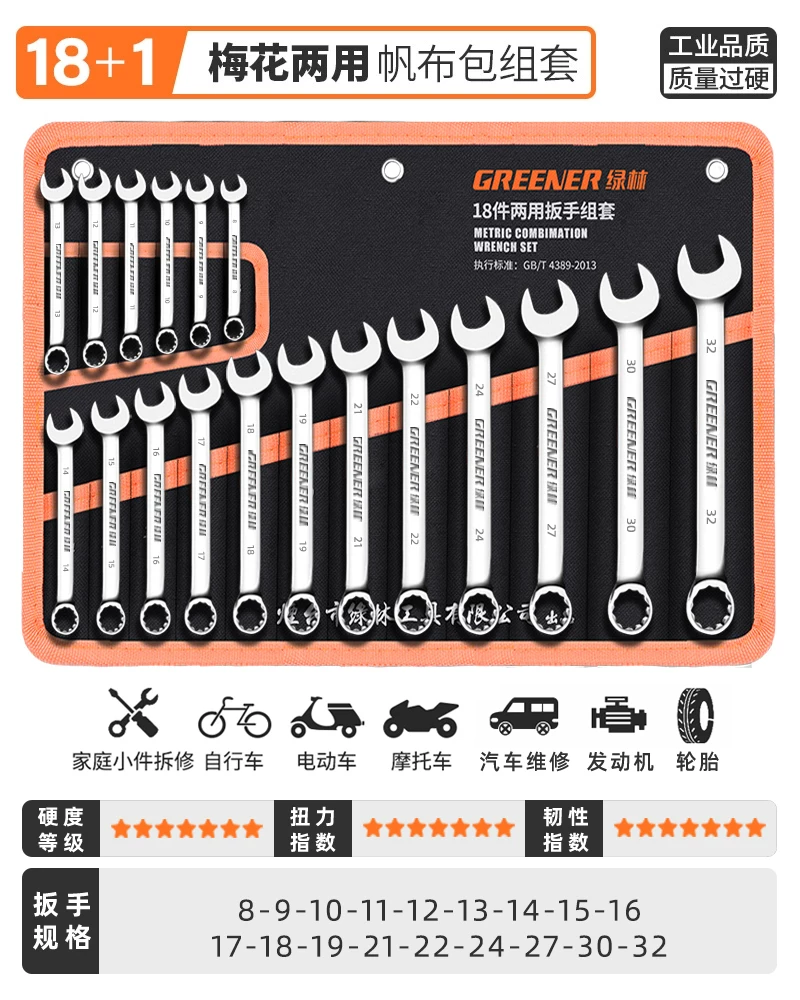 German Green Forest Dual purpose Wrench Set 15 piece Metric Plum Wrench and Ratchet Tool Set