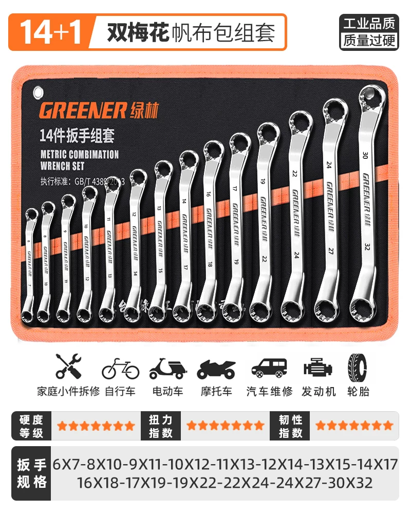 German Green Forest Dual purpose Wrench Set 15 piece Metric Plum Wrench and Ratchet Tool Set
