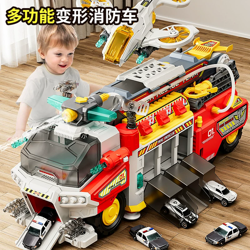 Multi functional rescue fire truck, children's toy, large police car, alloy water spray catapult track, puzzle boy gift