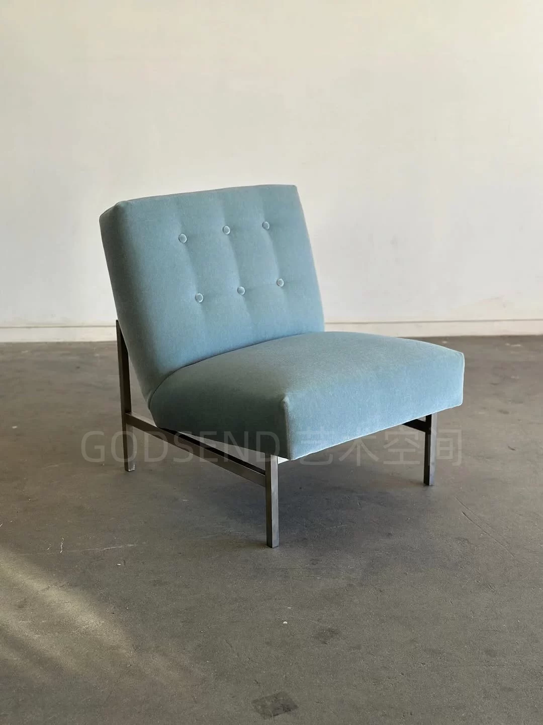 Bauhaus Armless Single Sofa Chair Vintage Lake Blue Velvet Fabric Living Room Leisure Chair Metal Frame