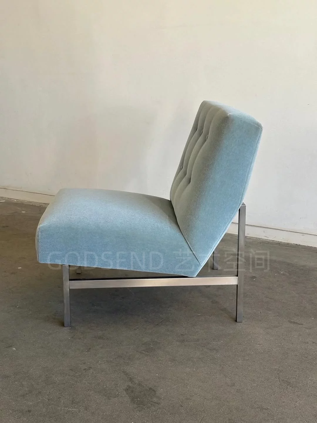 Bauhaus Armless Single Sofa Chair Vintage Lake Blue Velvet Fabric Living Room Leisure Chair Metal Frame